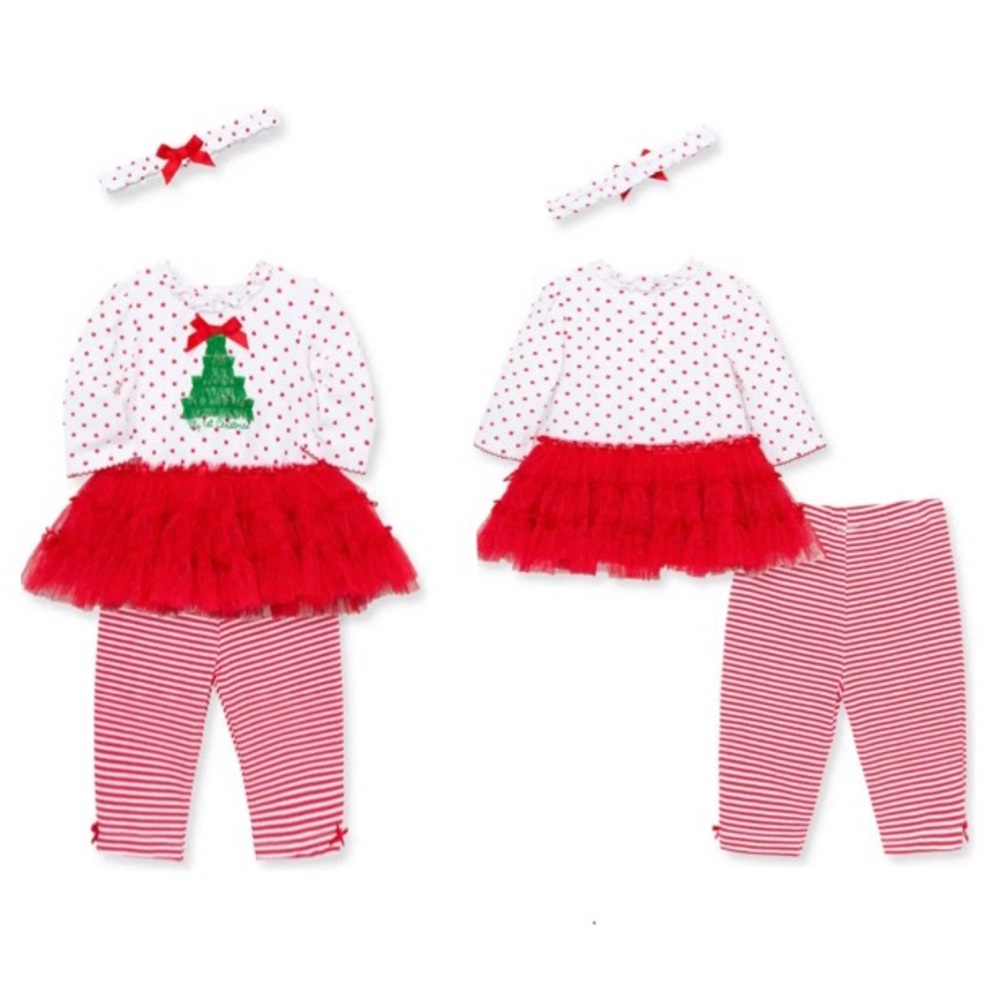 Little Me Christmas Tree Embellished Top, Leggings & Headband Set NWOT Size 9M